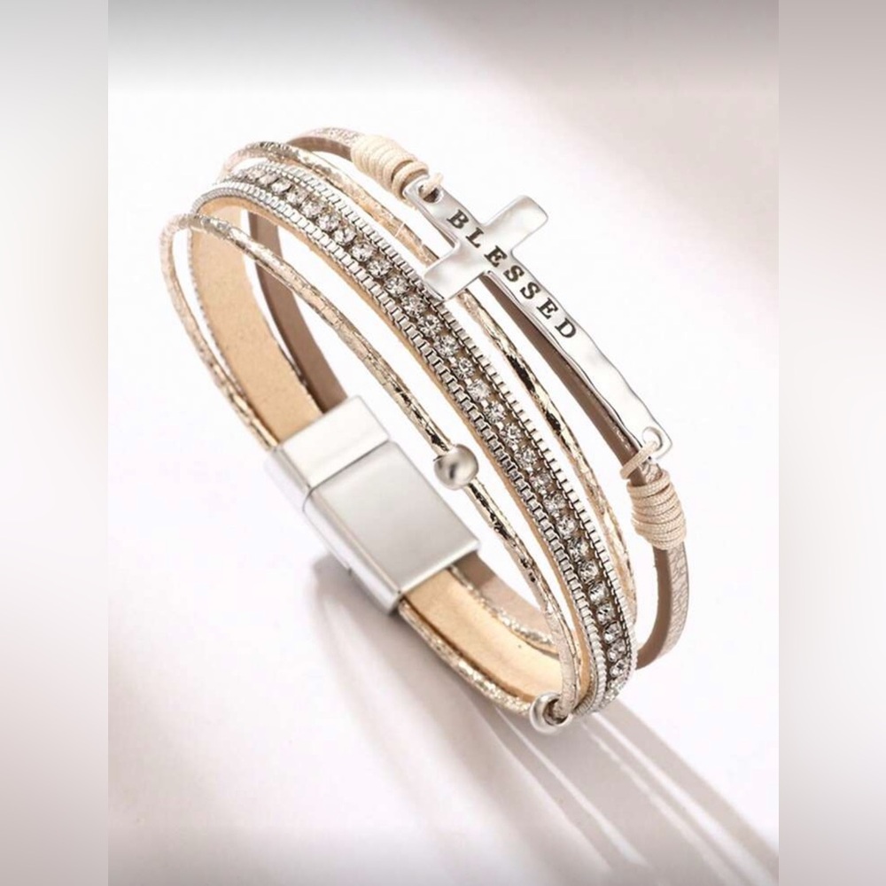 Silver and Cream Multi-Layer‎ Blessed Cross Bracelet